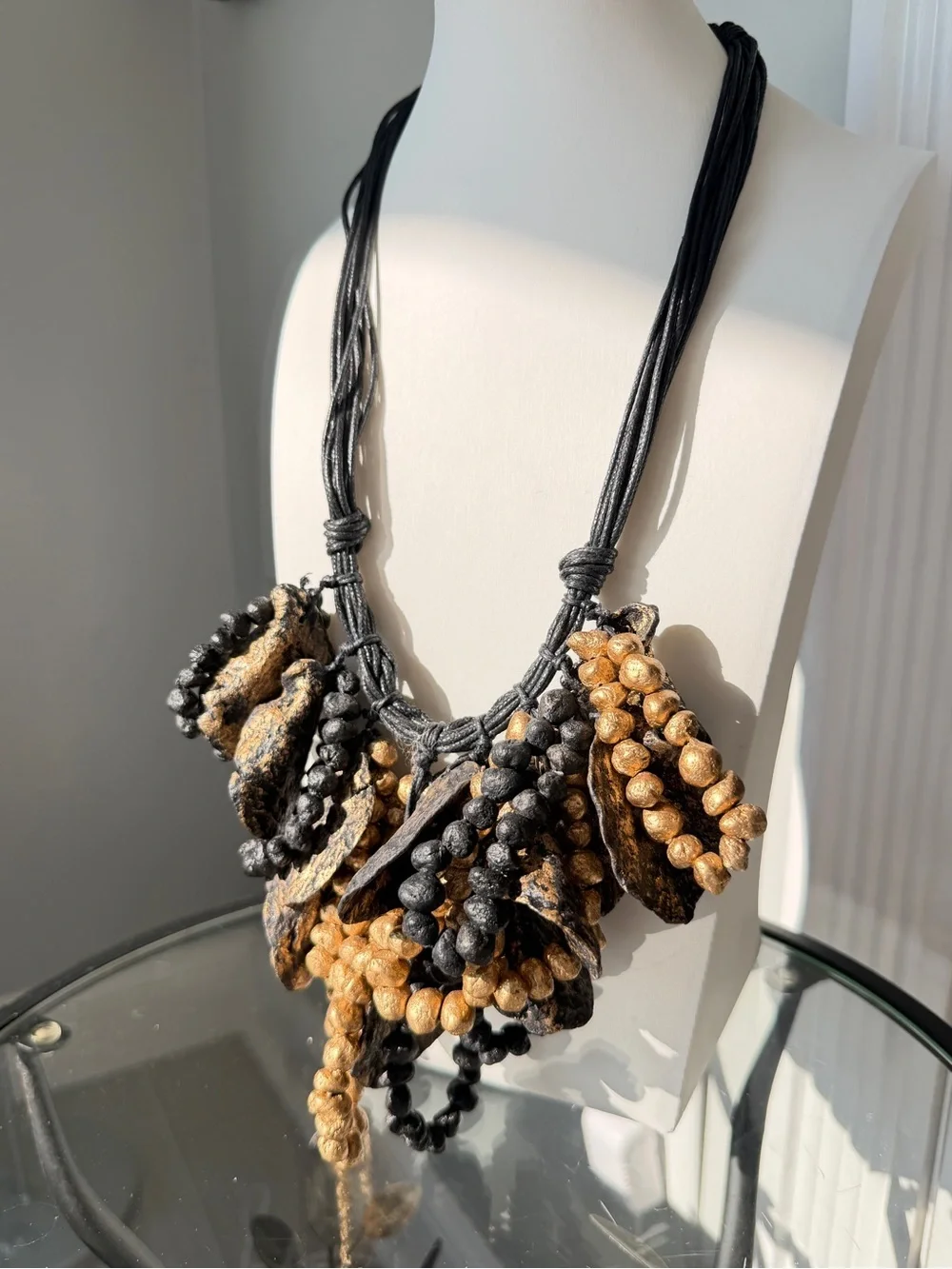 22” gold and black painted wood and cord wild statement necklace!